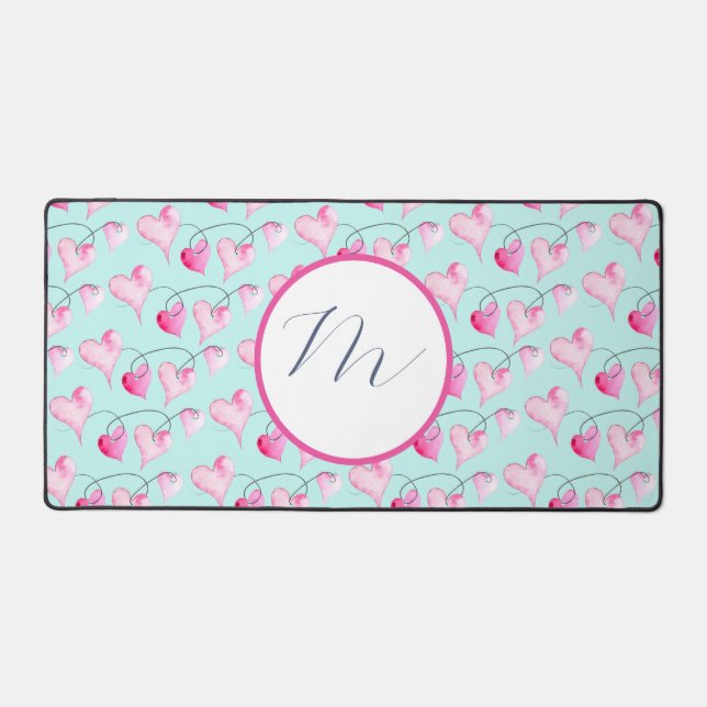Monogram Pink Hearts Cute Desk Mat (Front)