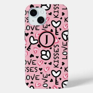 Monogram Pink Hearts Love Kisses Valentines Day iPhone 15 Case