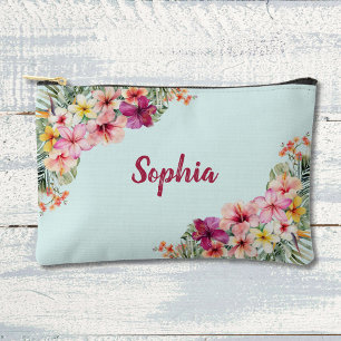 Monogram Pink Hibiscus Flowers Tropical Floral Accessory Pouch