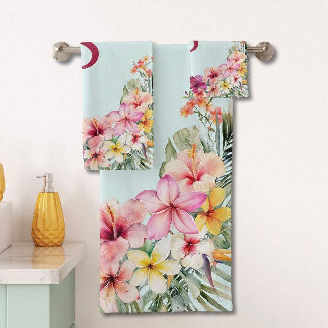 Monogram Pink Hibiscus Flowers Tropical Floral Bath Towel Set (In situ)