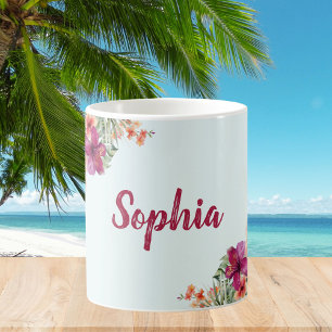 Monogram Pink Hibiscus Flowers Tropical Floral Coffee Mug