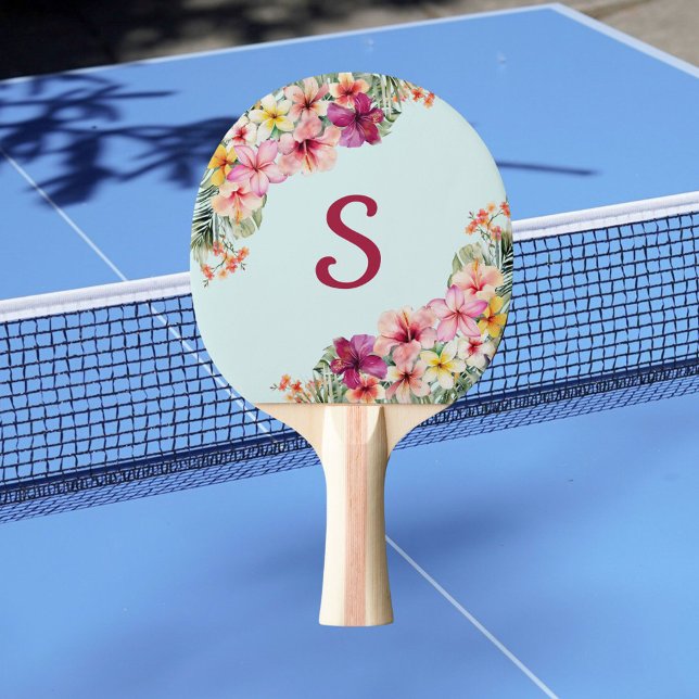 Monogram Pink Hibiscus Flowers Tropical Floral Ping Pong Paddle (In situ)