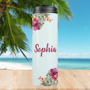 Monogram Pink Hibiscus Flowers Tropical Floral Thermal Tumbler