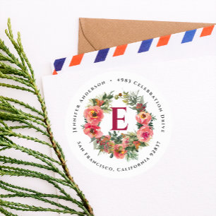 Monogram Pink Holiday Wreath Return Address Classic Round Sticker