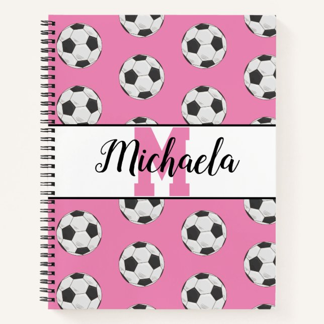 Monogram Pink Initial Soccer Ball Pattern Notebook (Front)