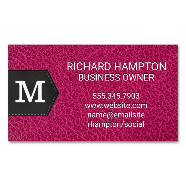 Monogram | Pink Leather and Patch Magnetic Business Card (Front)
