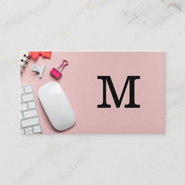 Monogram | Pink Leather Office Space Background Business Card (Front)