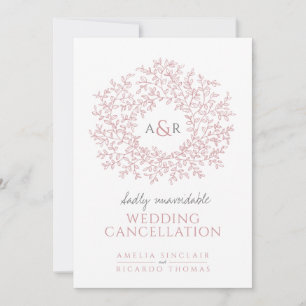 Monogram pink leaves on white wedding cancellation announcement