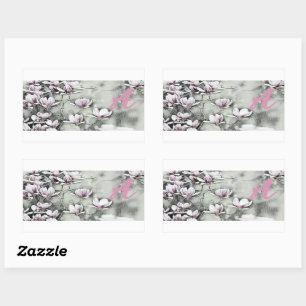 Monogram Pink magnolia branch drawing grey black Rectangular Sticker