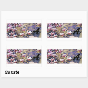 Monogram Pink magnolia branch watercolor purple Rectangular Sticker