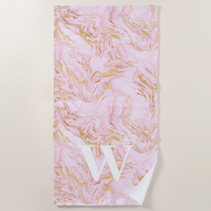 Monogram Pink Marble Gold Glitter  Beach Towel