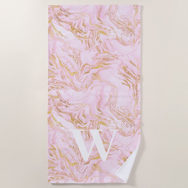 Monogram Pink Marble Gold Glitter  Beach Towel (Front)