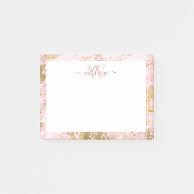 Monogram Pink Marble Golden Foil Post-it Notes (Front)