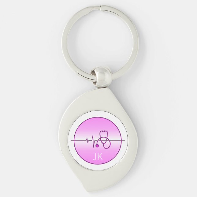 Monogram Pink Medical Stethoscope Heartbeat Key Ring (Front)