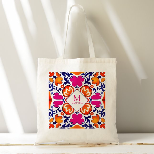 Monogram Pink orange blue bridal party favours Tote Bag (Monogram Pink orange blue bridal party favors Tote Bag)