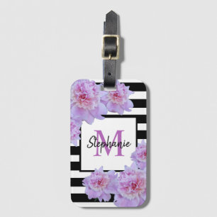 Monogram Pink Peony Flower Black Stripe Purple Luggage Tag