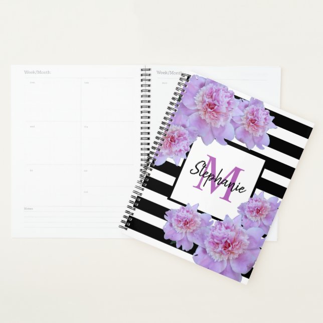 Monogram Pink Peony Flower Black Stripe Purple Planner (Display)