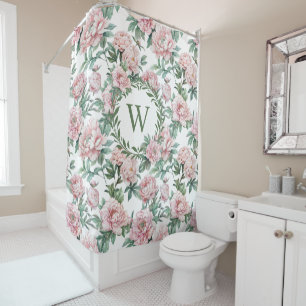 Monogram Pink Peony Watercolor Shower Curtain