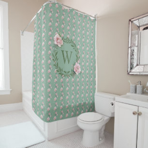 Monogram Pink Peony Watercolor Soft Green Shower Curtain
