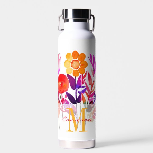 Monogram Pink Personalised flowers Water Bottle (Front)