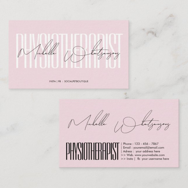 Monogram pink PHYSIOTHERAPIST modern script Business Card (Front/Back)