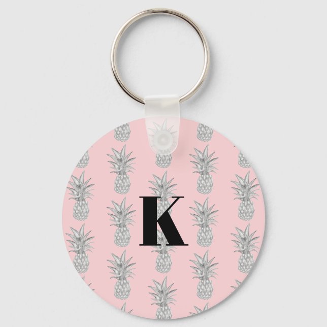 Monogram Pink Pineapple Tropical Pattern  Key Ring (Front)