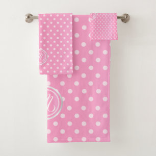 Monogram Pink Polka Dots Pattern Bath Towel Set