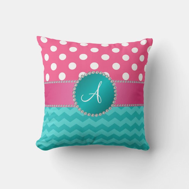 Monogram pink polka dots turquoise chevron sparkle cushion (Front)