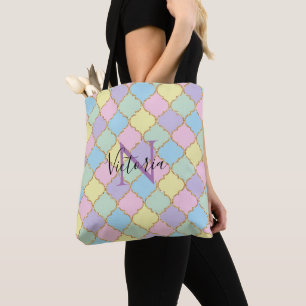 Monogram Pink Purple Colours Gold Glitter Modern Tote Bag