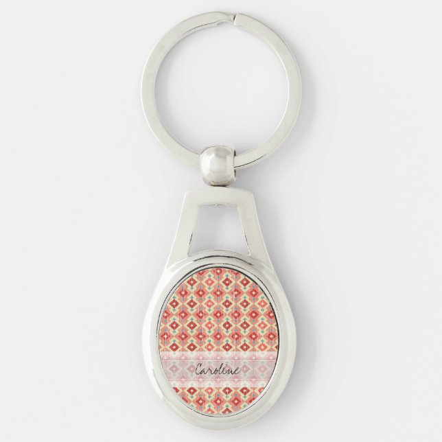 Monogram Pink Red Geo Tribal Ikat Diamond Pattern Key Ring (Front)