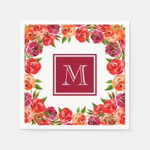 Monogram Pink Red Orange Flowers Napkin