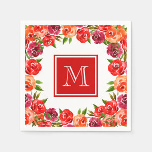 Monogram Pink Red Orange Flowers  Napkin
