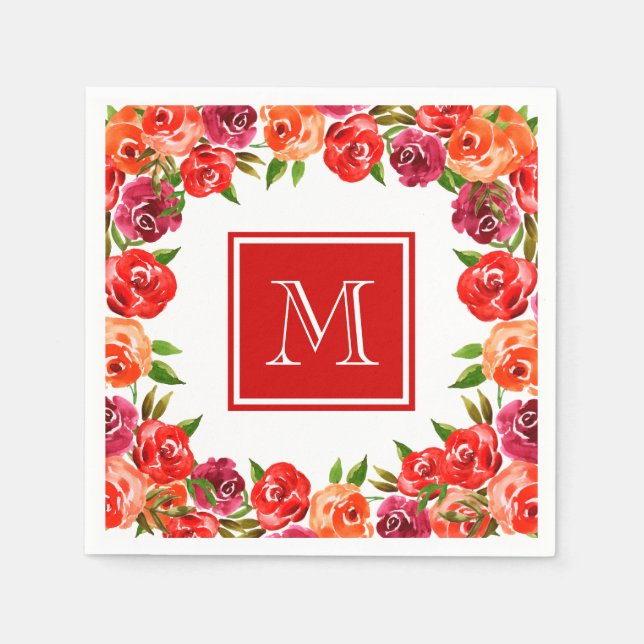 Monogram Pink Red Orange Flowers  Napkin (Front)