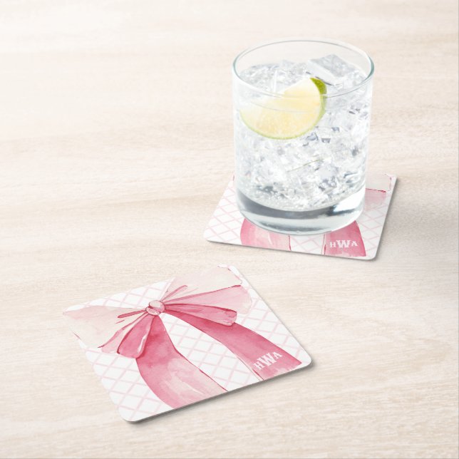 Monogram Pink Ribbon Coquette Square Paper Coaster (Insitu)