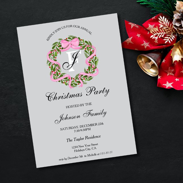 Monogram Pink Ribbon Wreath Christmas Dinner Party Invitation (christmas wreath with pink ribbon and bow)