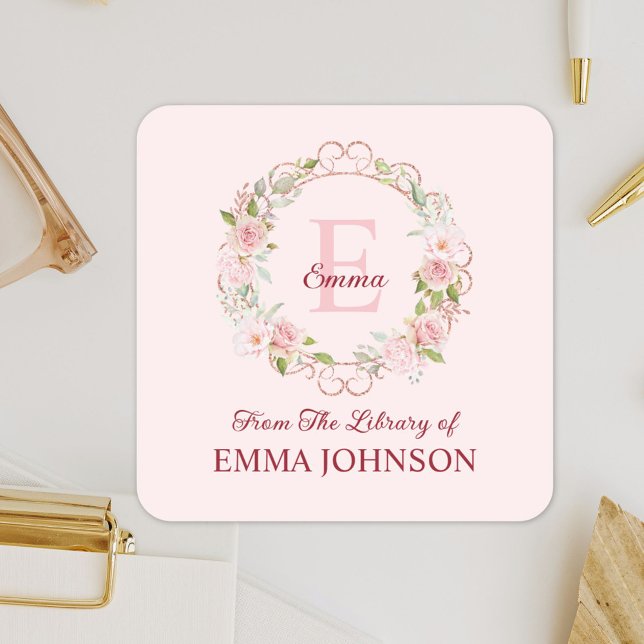 Monogram Pink Rose From The Library of Bookplate Square Sticker (Close up)
