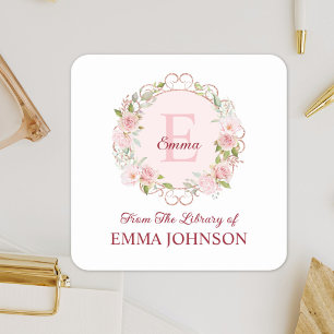 Monogram Pink Rose From The Library of Bookplate Square Sticker