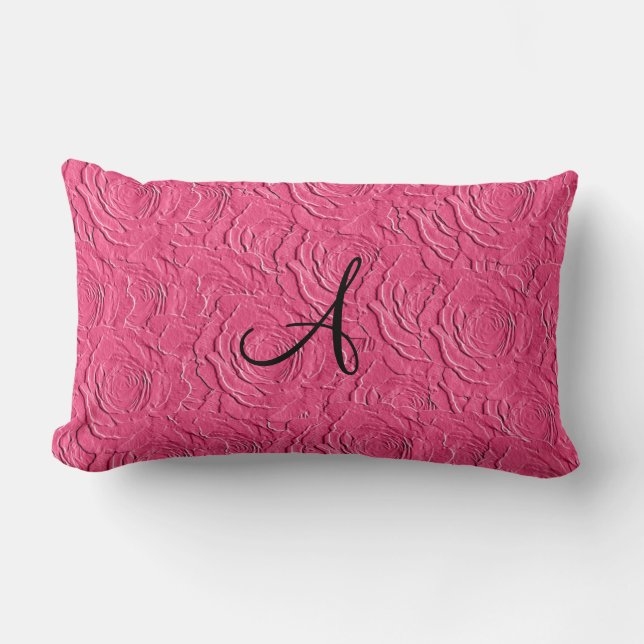 Monogram pink roses faux texture lumbar cushion (Front)