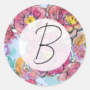 Monogram Pink Roses Letter Writing Classic Round Sticker