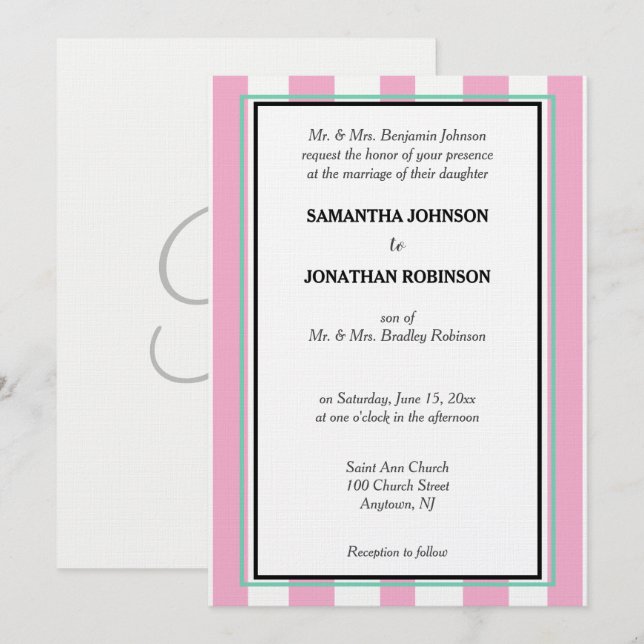 Monogram Pink Seafoam Green White Stripes Invitation (Front/Back)
