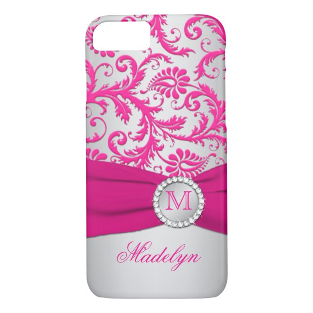Monogram Pink, Silver Damask iPhone 7 Case (Back)
