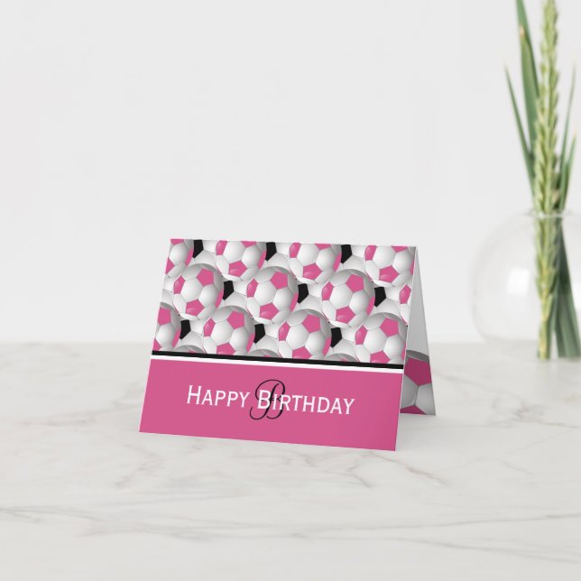 Monogram Pink Soccer Ball Pattern Happy Birthday Card (Front)