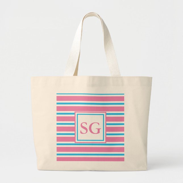 Monogram Pink Striped / Beach Large Tote Bag (Front)