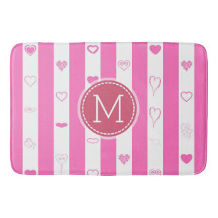 Monogram Pink Stripes Modern Heart Pattern Bath Mat