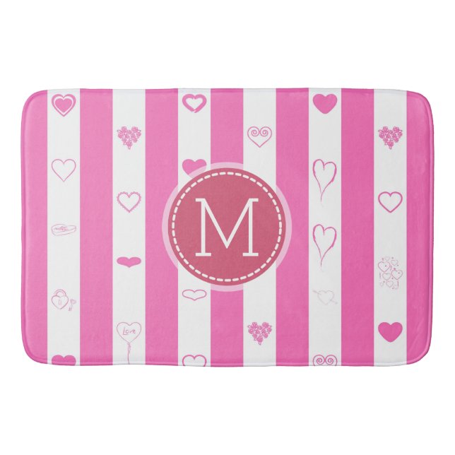 Monogram Pink Stripes Modern Heart Pattern Bath Mat (Front)