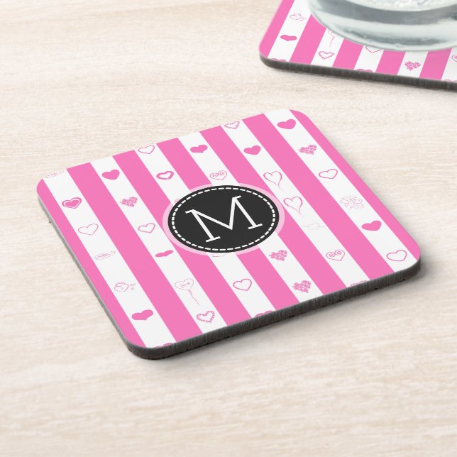 Monogram Pink Stripes Modern Heart Pattern Coaster (Left Side)