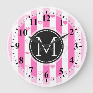 Monogram Pink Stripes Modern Heart Pattern Large Clock