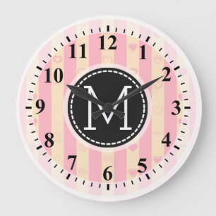 Monogram Pink Stripes Modern Heart Pattern Large Clock
