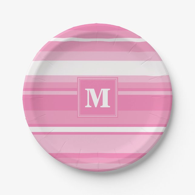 Monogram pink stripes paper plate (Front)