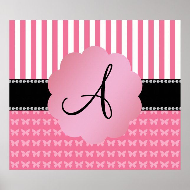 Monogram pink stripes pink butterflies poster (Front)